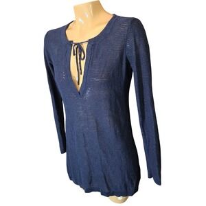 LOFT Navy Blue Linen Rayon Tie Neck Long Sleeve Sheer Knit Tunic Size Small‎